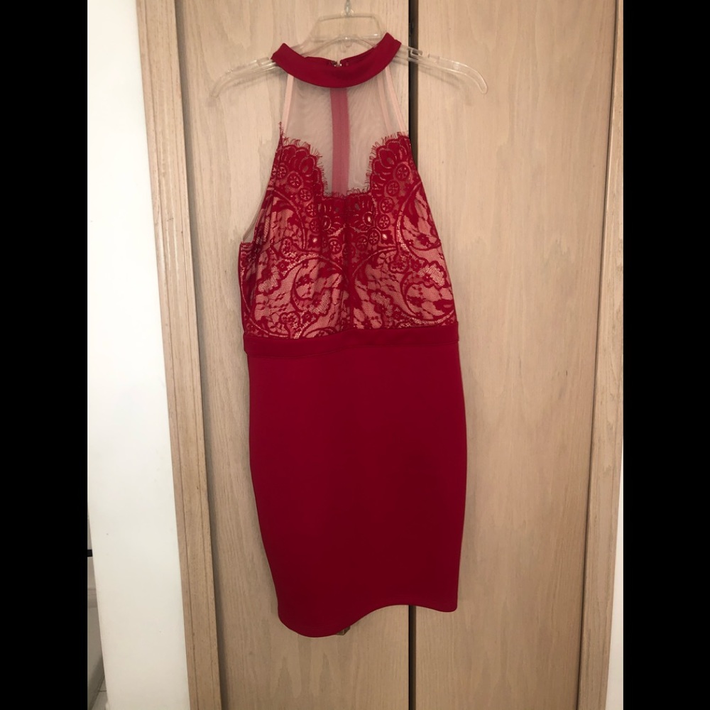 High neck red lace dress